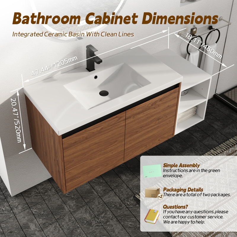 Meuble-lavabo mural Earnby de 122 cm (48 po) avec lavabo en résine, petites étagères de rangement, tablette réglable, portes à fermeture amortie, brun ébène