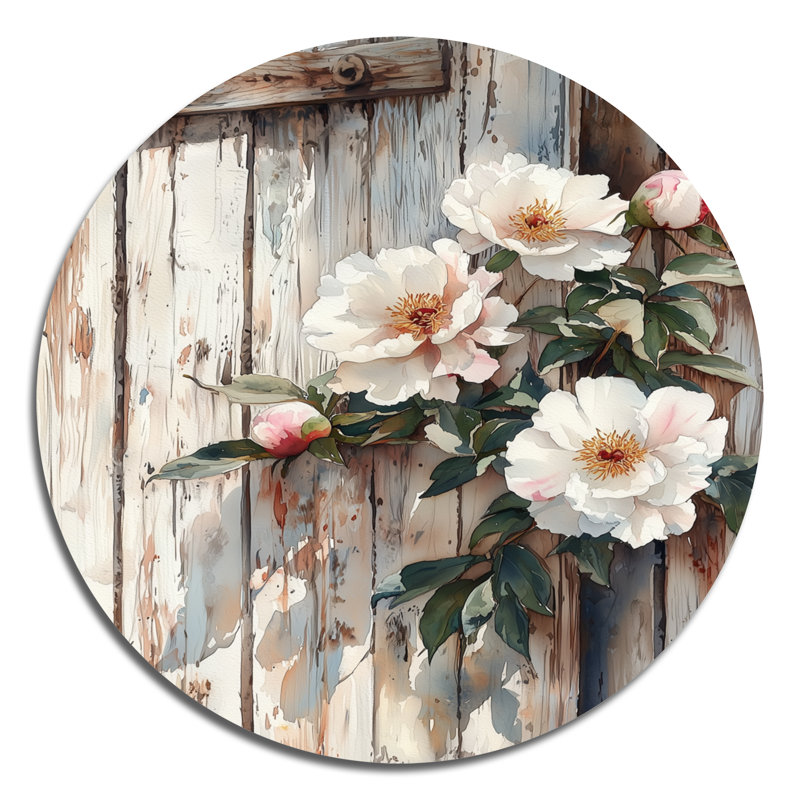 Picard - Art mural blanc traditionnel en métal, impression de pivoines sur un cercle en métal, H 29 po x l 29 po