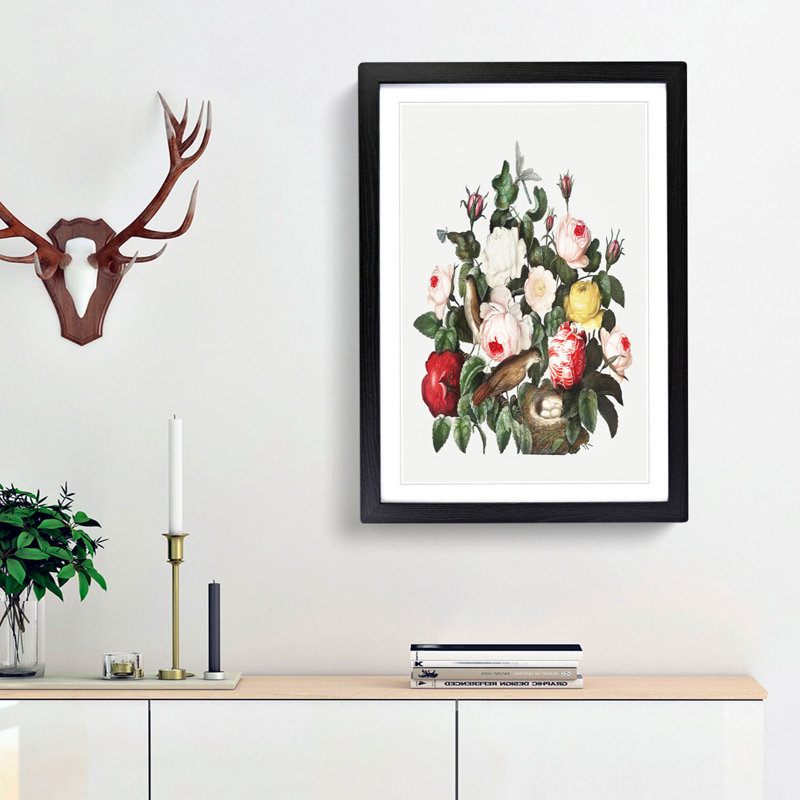 Birds & Roses by R.J. Thornton - Picture Frame Painting Print, 65cm H x 48cm W x 2cm D, Black Framed