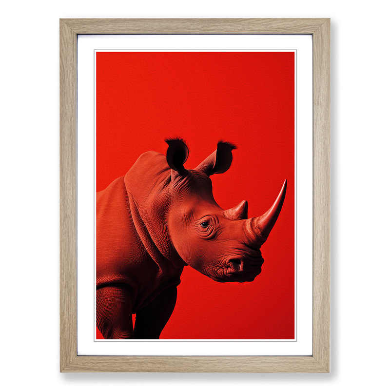 Rhino Minimalism Art - Framed Print, 46cm H x 34cm W x 2cm D, Oak Framed
