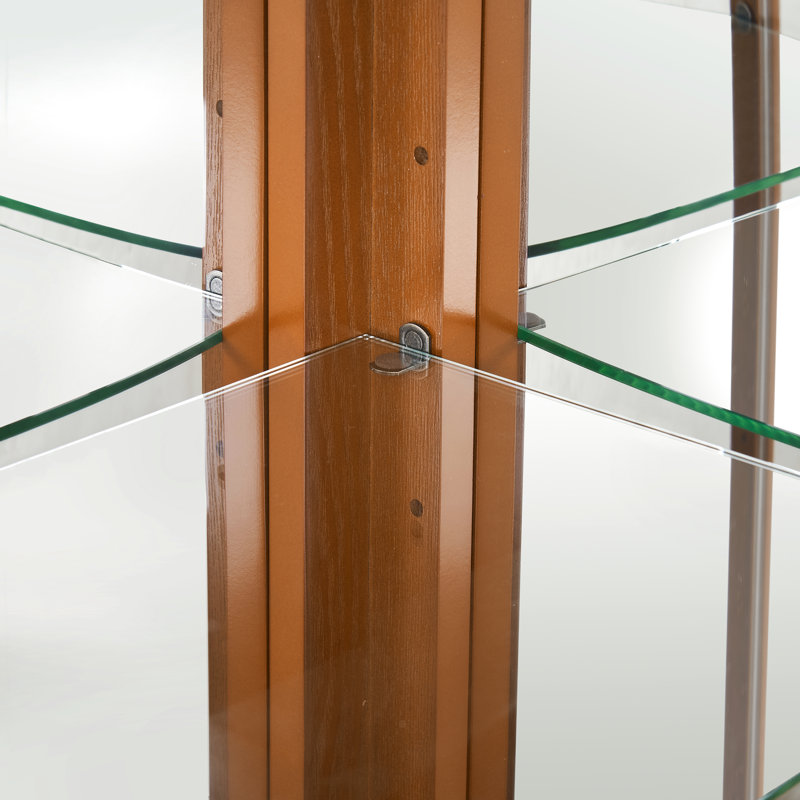 Lighted Showcase Cabinet In Oak, Mirrors, 6 Adjustable Shelves Oak Curio With Lights & Mirrored, Shelving Unit, Oak