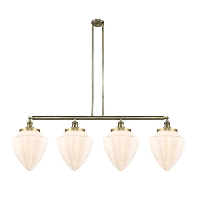 Balle - 4 lumières - 50 pouces - Laiton antique - Tige suspendue - Îlot réglable, Frosted, White, Antique Brass