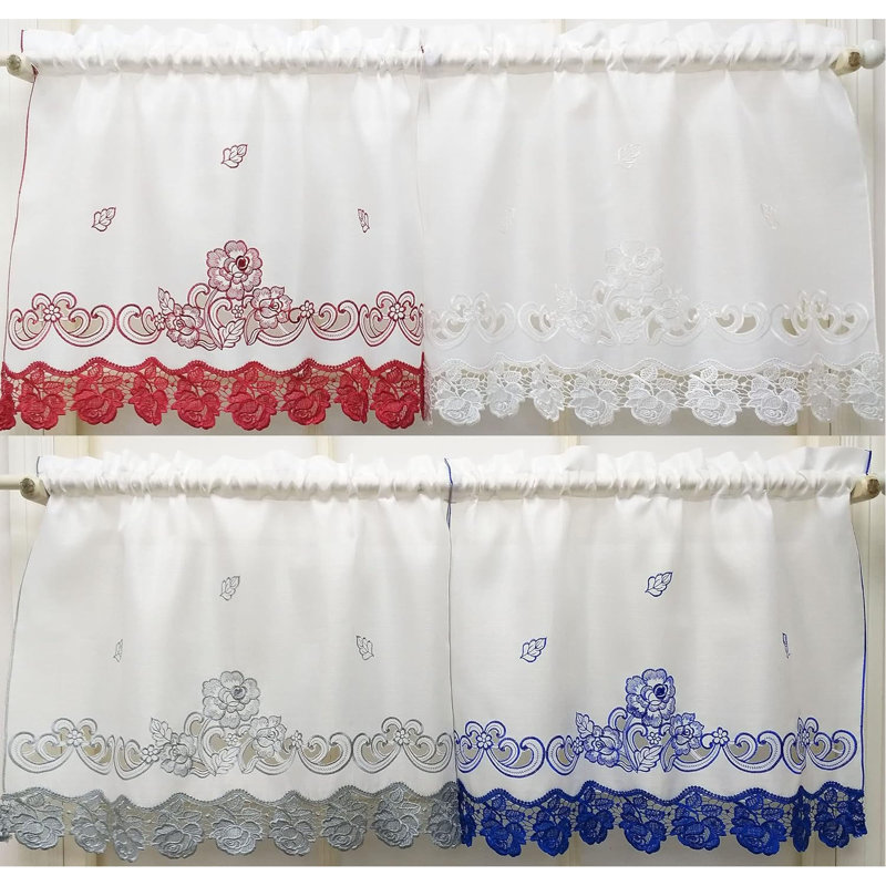 Lace Rosarium Elegant Kitchen Curtains Set - 3PCS Romantic White Window Valances With Delicate Rose Embroidery & Charming Lace Trim, Timeless Floral Design Adored By Families， Blue