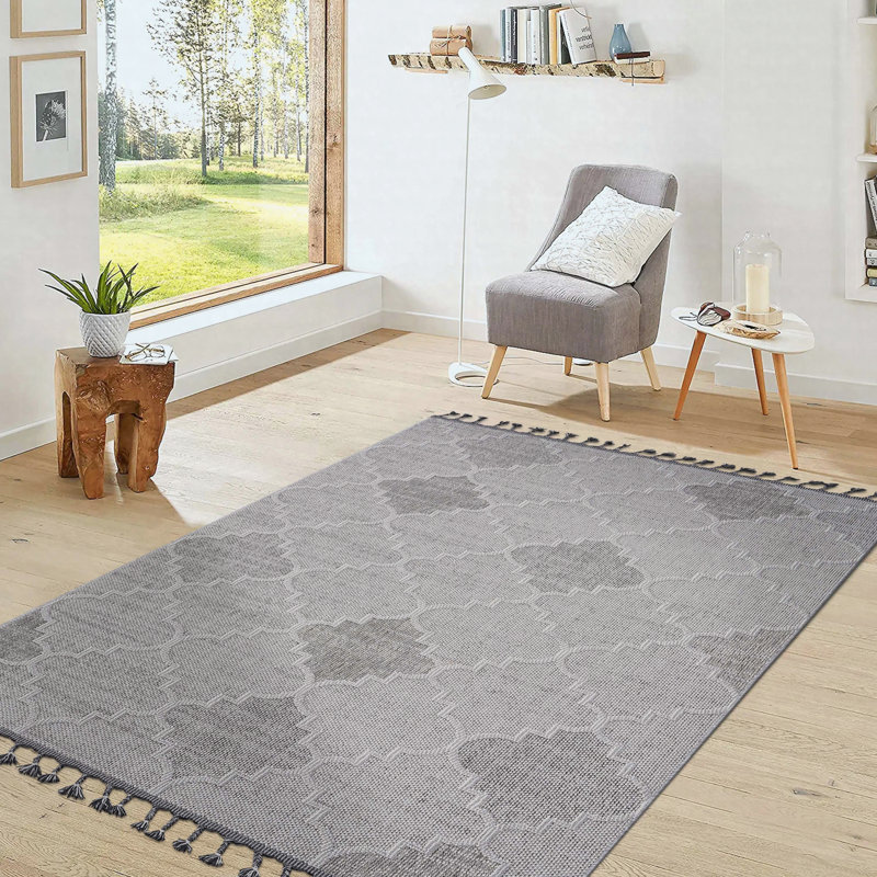 Area Rug Synthetic Fiber Stain Resistant Non-Shedding Trellis White Grey Large 8' x 10', White/Gray, Rectangle 7'9" x 10'