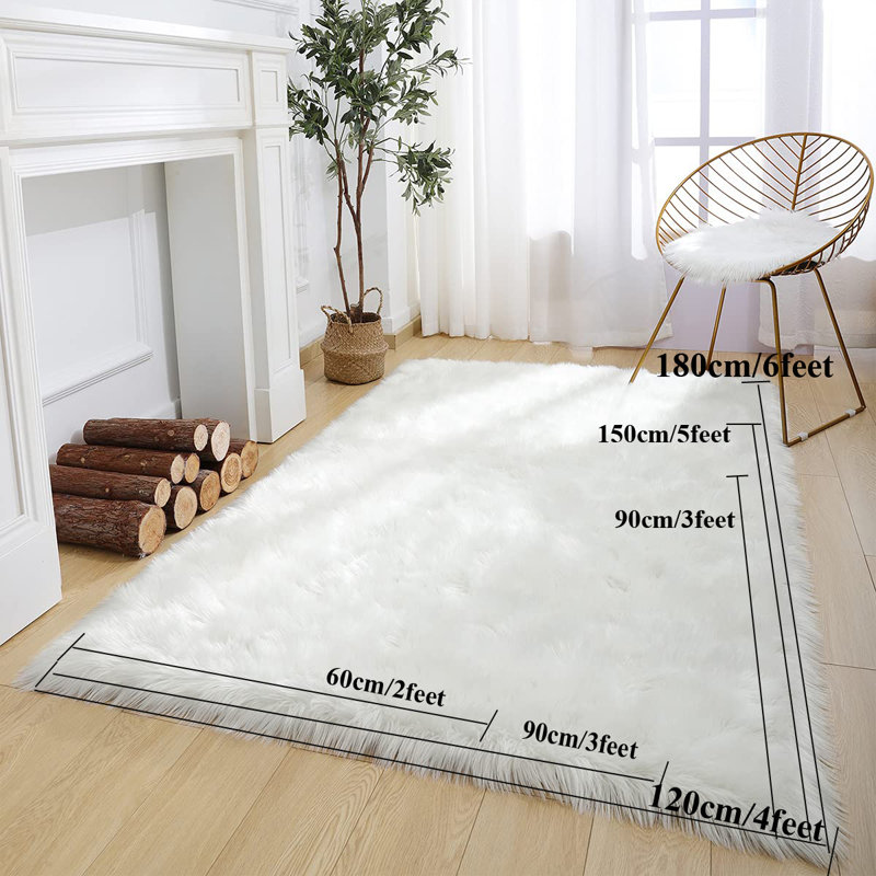 Girault Faux Fur Carpet For Living Room Kids Room Machine Washable Rug In White, Rectangle 2’ x 3’