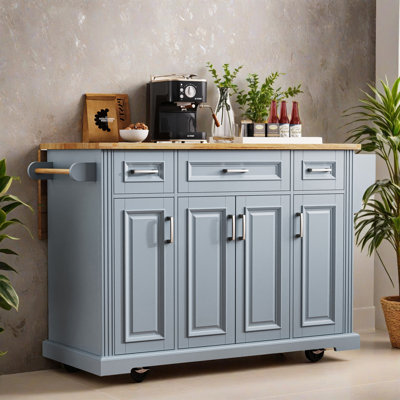 54.12" Large Kitchen Island with Drop Leaf, Rolling Kitchen Cart on 4 Wheels with 4 Doors and 3 Drawers with Storage for Kitchen, Dining Room by Lark Manor