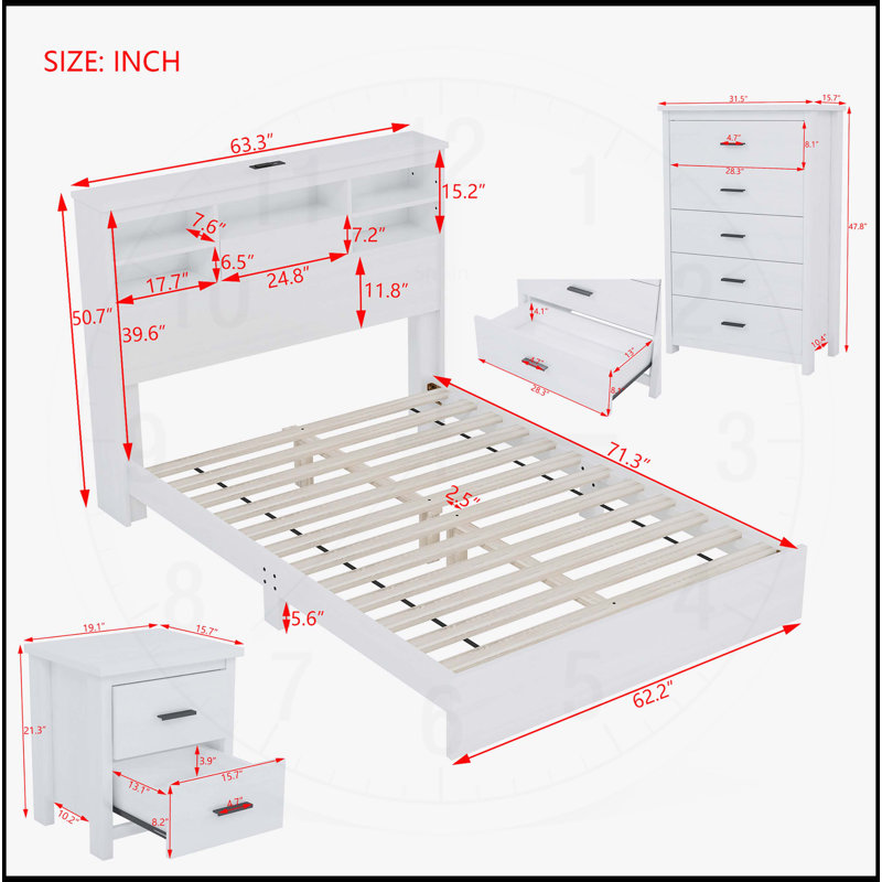 Ensemble de chambre à coucher grand lit en bois rétro avec rangement, 2 tables de chevet et 1 commode pour un décor élégant