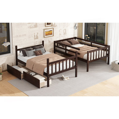 Twin over twin rubber wood bunk bed with drawers, convertible to two twin beds, safety guardrails