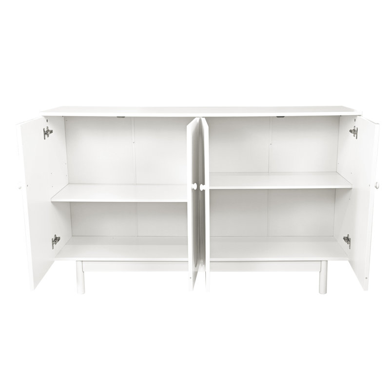 Armoire contemporaine 4 portes avec tablette réglable en taille-douce - blanc pour les espaces de vie, pieds en pin, poignées en bois massif pour la chambre, la chambre à coucher, la cuisine