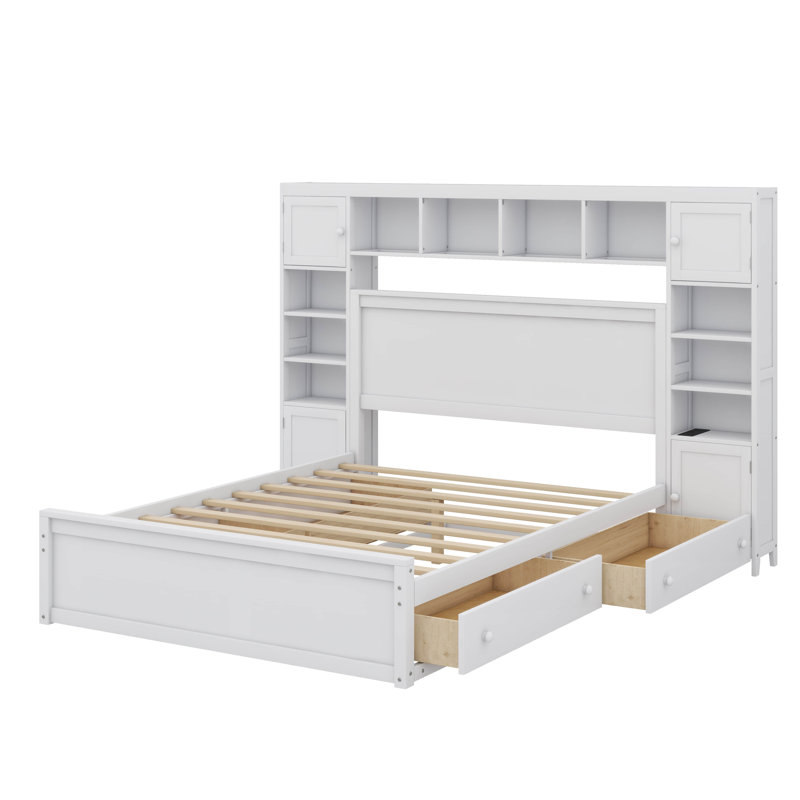 Grand lit escamotable en bois avec armoire intégrée, tablette et prises de courant