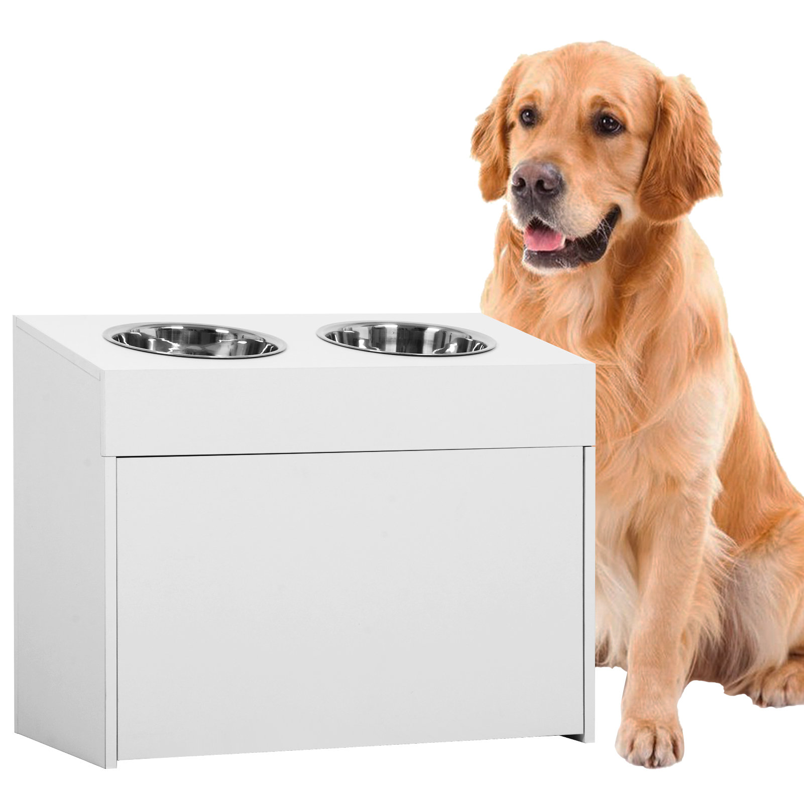 Pawhut Large Elevated Dog Bowls With Storage Cabinet Containing