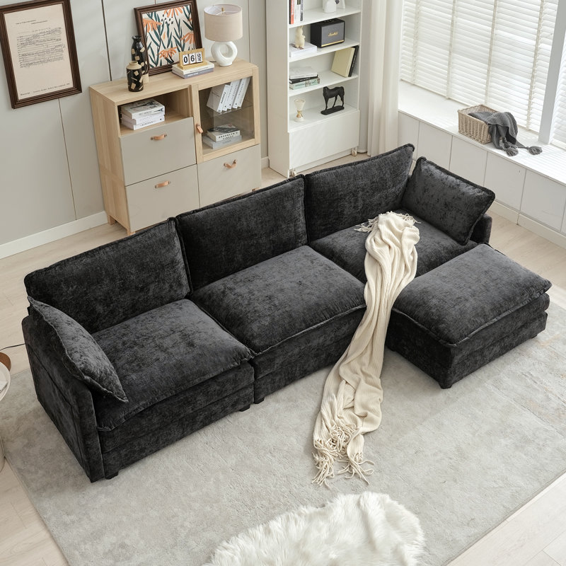 4 Piece Upholstered L Shaped Sectional Sofa, Black Chenille