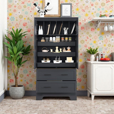 Tall Kitchen Pantry Cabinet With Pull-Out Trays, Drawers, And Organizers