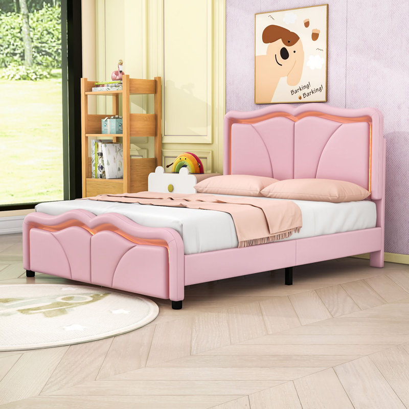 Lit plateforme tapissier avec tête de lit réglable et lumières DEL, Double, Rose