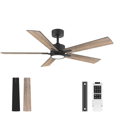 52" 5-Blade Modern Wood Ceiling Fan with Light Kit and Remote Control, 6-Speed, Quiet DC Motor, Indoor/Outdoor