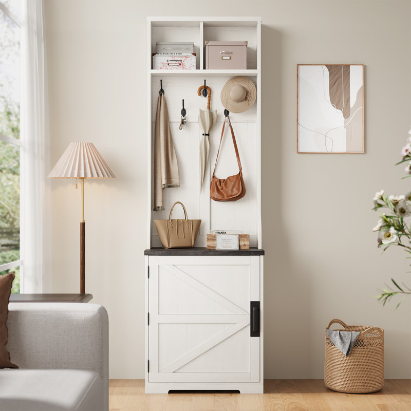 77" Coat Rack Freestanding, Entryway Hall Tree with Shoe Storage, 5 Hooks, 2 Open Cubbies & Shoe Cabinet, Space Saving Entryway Furniture for Hallway, Living Room, Mudroom, White & Dark Brown