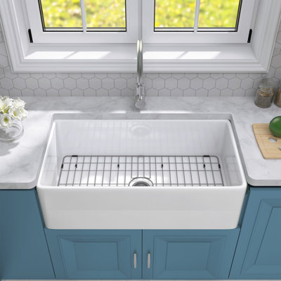 Aqua 30" L X 18" W Rectangular Single Bowl Fireclay Farmhouse White Kitchen Sink with Grid and Strainer