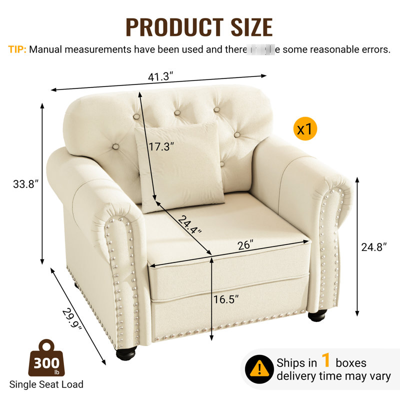 Fauteuil une place de style moderne du milieu du siècle, 105 cm, en velours beige/blanc, capitonné, avec boutons, clous décoratifs et bordure de coussin en bois massif.