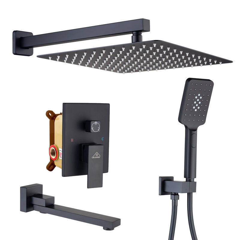 Matte Black 12" Wall Mount Square Shower System with Handheld Spray
