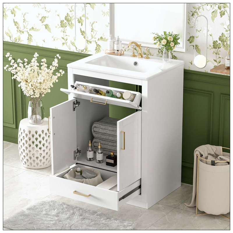 Meuble-lavabo simple encastré en céramique avec lavabo intégré 2 portes, Blanc