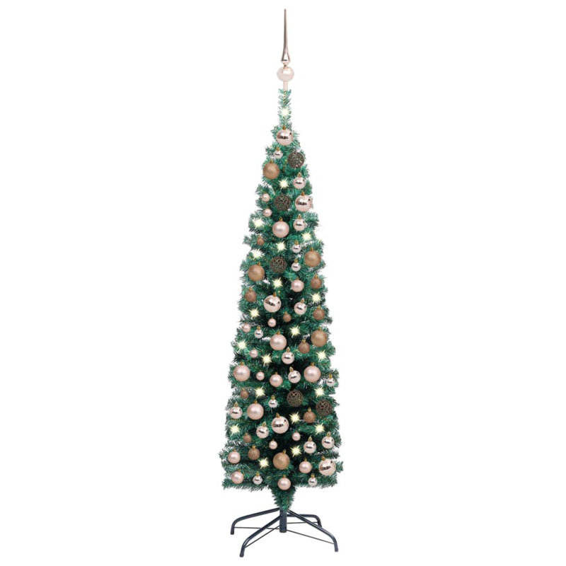 Mince arbre de Noël artificiel, 59.1", with 150 LEDs & 61 rose gold balls, Vert