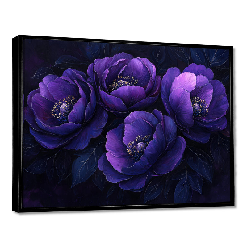 Pivoines mauves, Midnight Bloom II - pivoines, art mural, H 24 po x l 32 po, Impression encadrée flottante, Noir