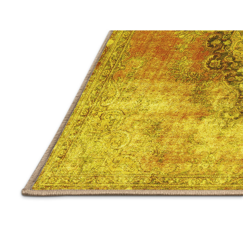 Tapis lavables en machine Merchan Traditional 3081 - jaune, Rectangle 7 pi x 10 pi
