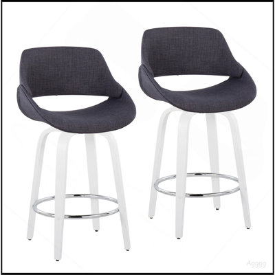 Tabouret de comptoir à hauteur fixe avec pivot en bois blanc et tissu gris anthracite avec repose-pieds rond chromé - ensemble de 2