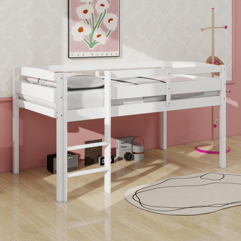 Lit mezzanine bas en bois avec échelle, Blanc