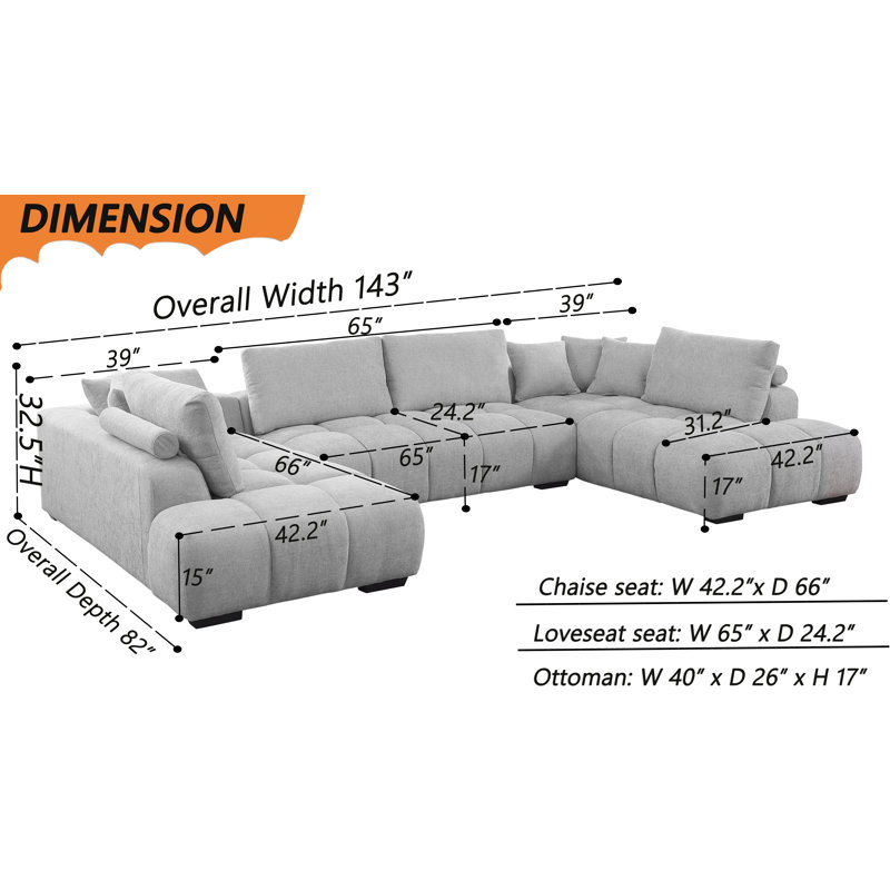 Kreindy 143" Wide 4 Piece Upholstered Chenille U-Sectional Double Chaise , Fluffy Deep Tufted Cushion, Light Gray Chenille