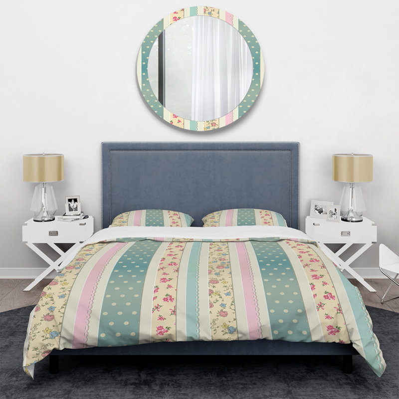 Cream and Green Striped Pattern - Abstract Duvet Cover Set - Microfiber Polyester