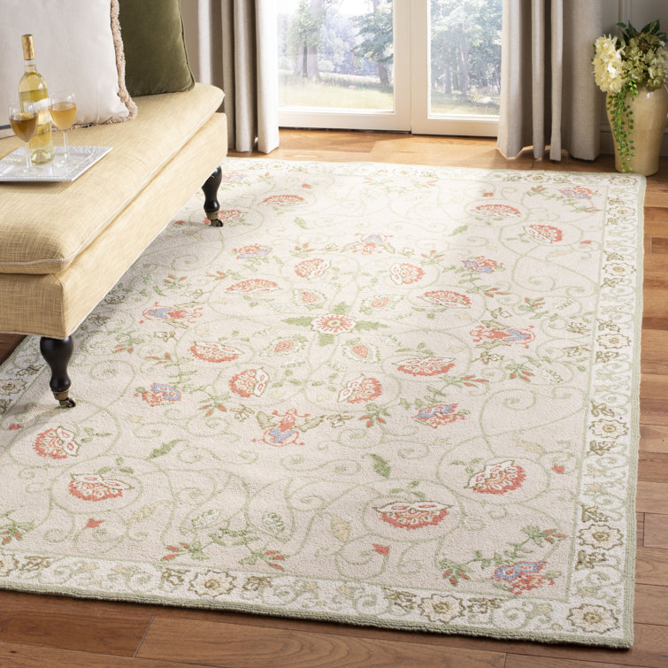 Lark Manor Hollander Floral Hand-Hooked Wool Beige/Green Area Rug ...