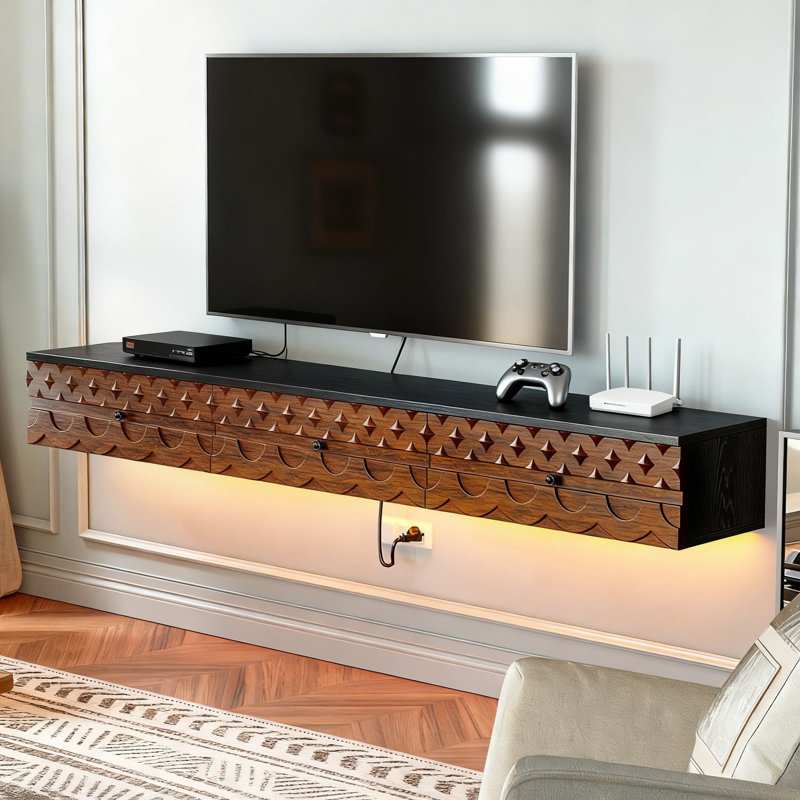 Meuble télé flottant avec tiroirs et armoire, console multimédia sculptée avec gestion des câbles pour le salon et la chambre à coucher
