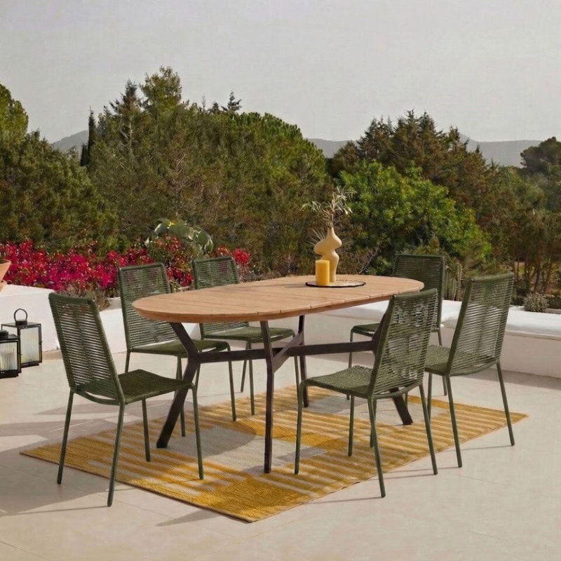 6 - Person Solid Wood Patio Dining Set Oval Table, Green