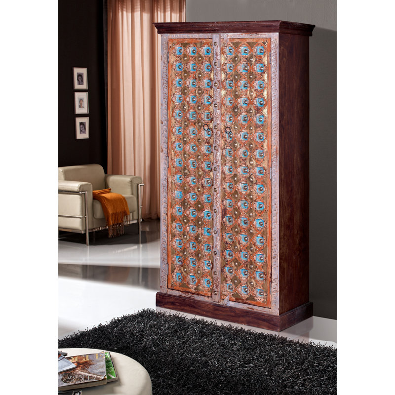 Elspeth 2 Door Solid Wood Wardrobe, Blue/Gold