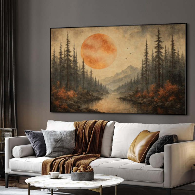 Extra Large Wall Art Fabric Print - Rustic Sunset Over Forest and River Landscape Artwork Decor for Living Room or Bedroom - "Frame Assembly Required (Unfinished Frame)"