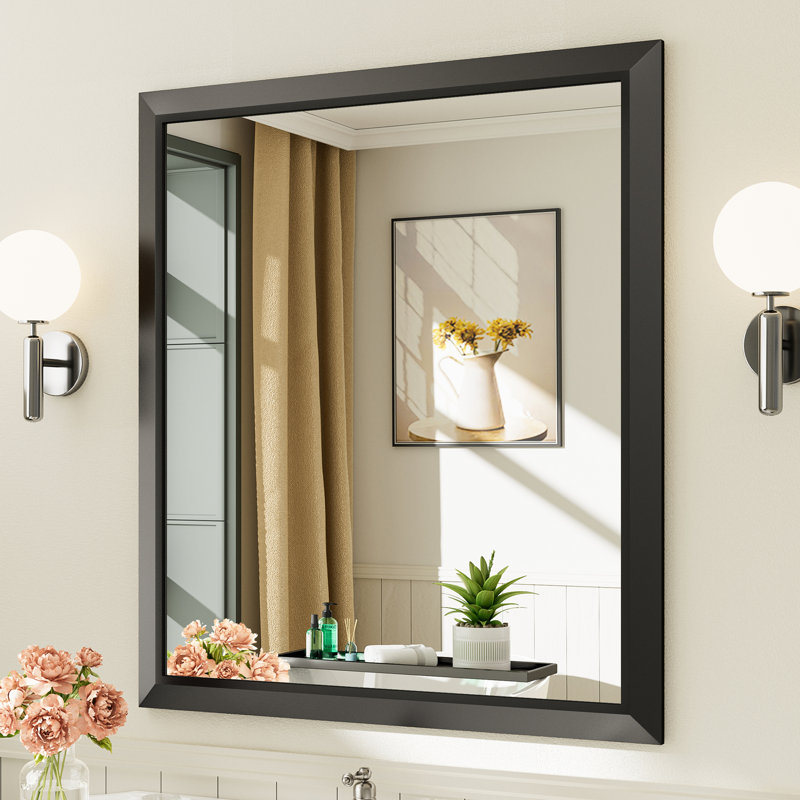 Miroirs de salle de bain modernes et contemporains en métal biseauté rectangulaire / carré avec verre trempé HD, Noir mat