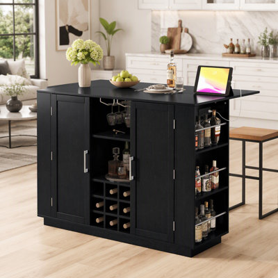 U-Style 47.2" Counter Height Table with Foldable Top & Power Outlet, Sideboard Buffet Cabinet & Bar Cabinet, Wine Rack & Stemware Holder, 2-Door Storage Cabinet for Dining Room (Chairs Not Included)