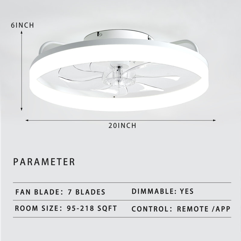 20" Indoor Bedroom Flush Mount Reversible Ceiling Fan With Light And Remote Control,6 Fan Speeds