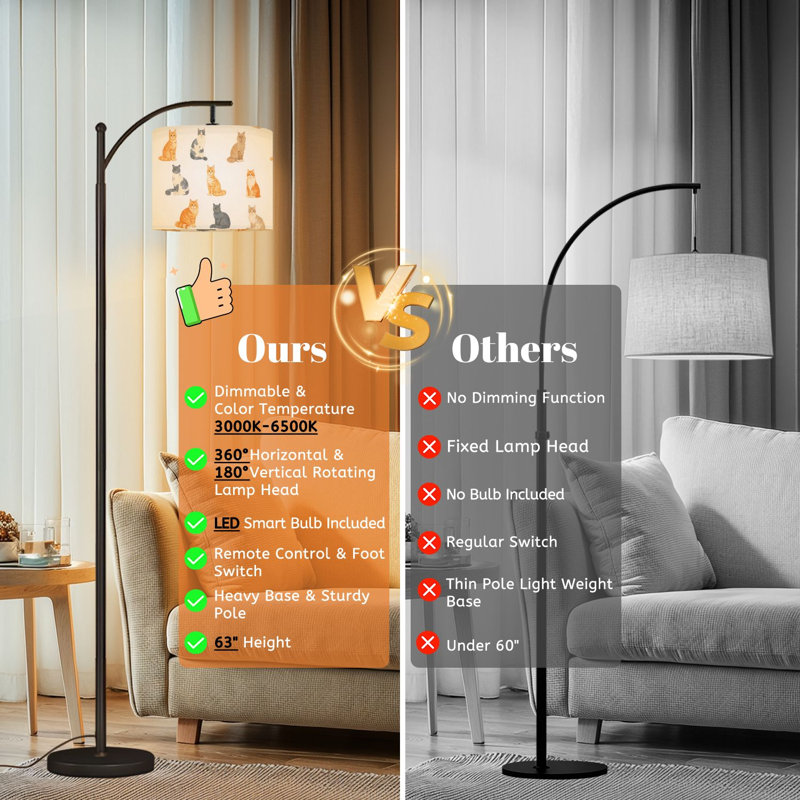 Arc Floor Lamp with Adjustable Lampshade Playful Cats Variety Colors Poses Standing Lamp 3 Color Temperatures Dimmable Tall Pole Lamp with Foot Switch for Bedroom