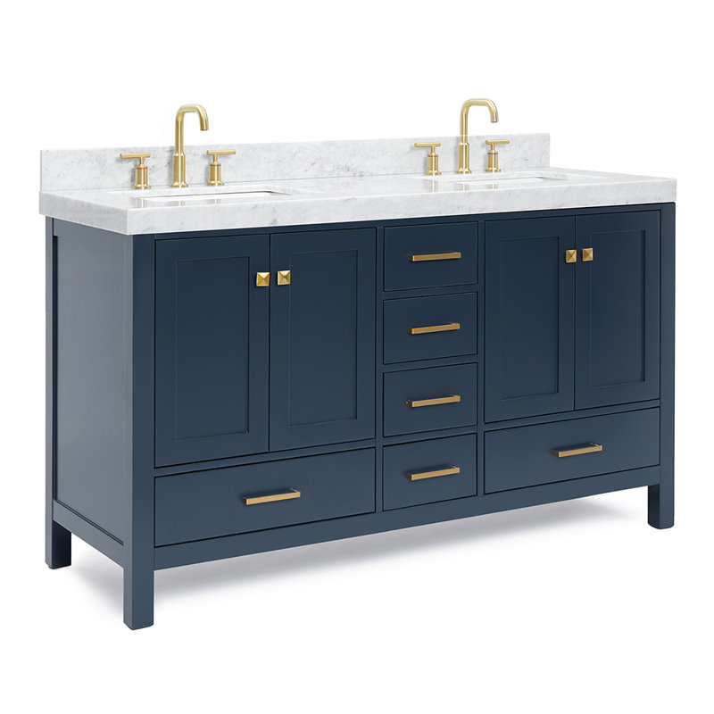 Cambridge Double Bathroom Vanity with Carrara Marble Top, Midnight Blue