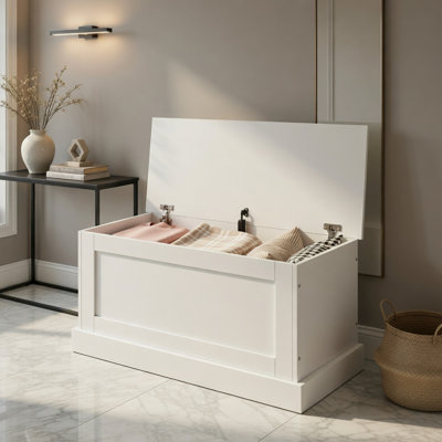 Extra-Large White & Natural Storage Chest with Safety Metal Hinge – Sturdy MDF Wooden Trunk for Living Room, Bedroom or Entryway Organization