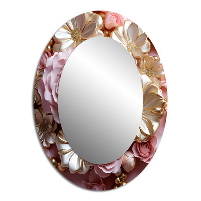 Tender White And Light Pink Liquid Flower Art - Modern Oval Wall Mirror