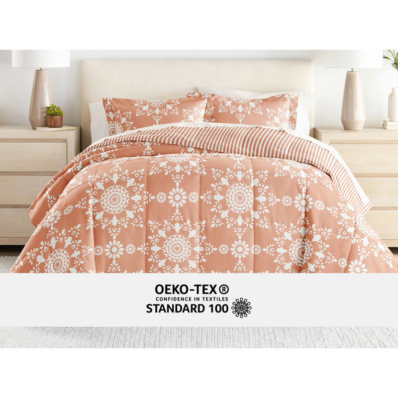 7-Piece Bedding Bundle - Pattern Comforter and Sheet Set, Orange Floral, California King Comforter + 1 Additional Piece