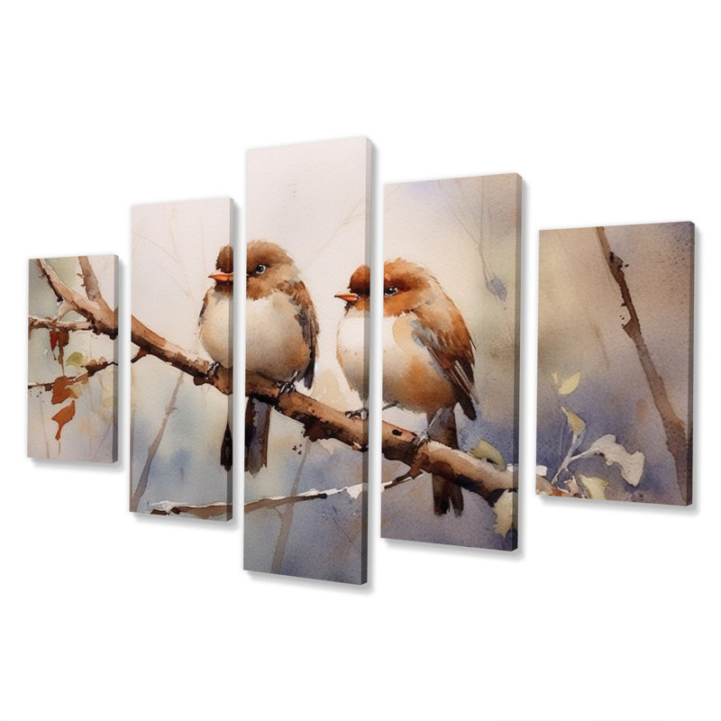 Oiseau moineau beige et brun I - animaux, art mural, salon, 5 panneaux