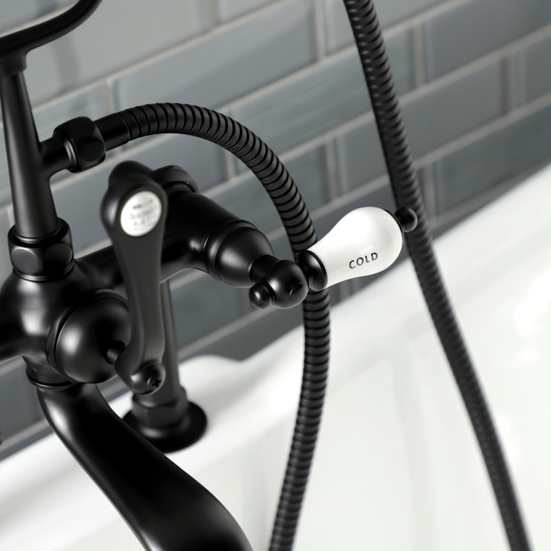 Kingston Brass Aqua Vintage Three-Handle 2-Hole Deck Mount Clawfoot Tub Faucet with Hand Shower, Matte Black