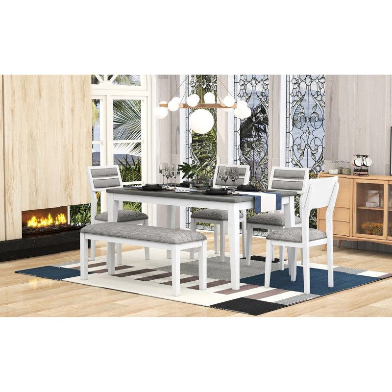 Ensemble de salle à manger classique et pratique avec table, chaises et banc, Blanc / Gris, Blanc / Gris