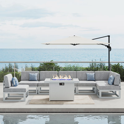  8 Pieces Modern Aluminum Patio Furniture Set With Fire Table, Outdoor Modular Sectional Conversation Set L-shaped Sofa For Backyard