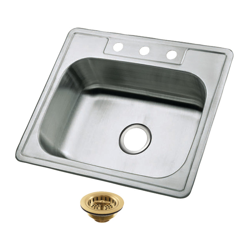 Kingston Brass Studio 25-Inch Stainless Steel Self-Rimming Single Bowl Bar Sink With 3-Hole Drain And Strainer, Brushed Brass