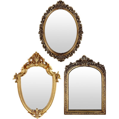 Ensemble de 3 miroirs décoratifs dorés rétro, miroir mural rétro à suspendre antique et plateau de table avec support pour salon, commode de chambre à coucher, décoration classique (style classique)